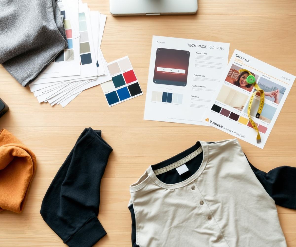 Product development desk with sketches and samples
