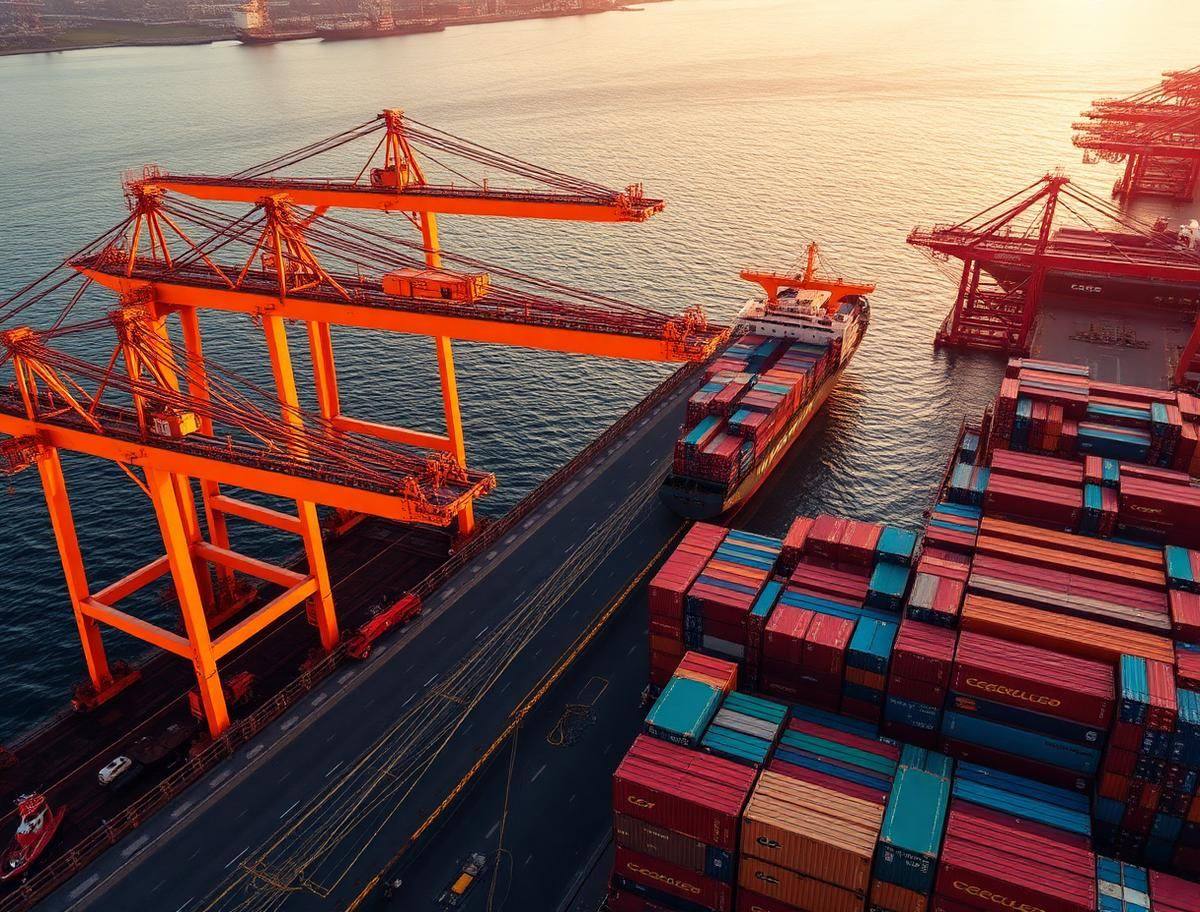 Container ship being loaded with export cargo at a busy port