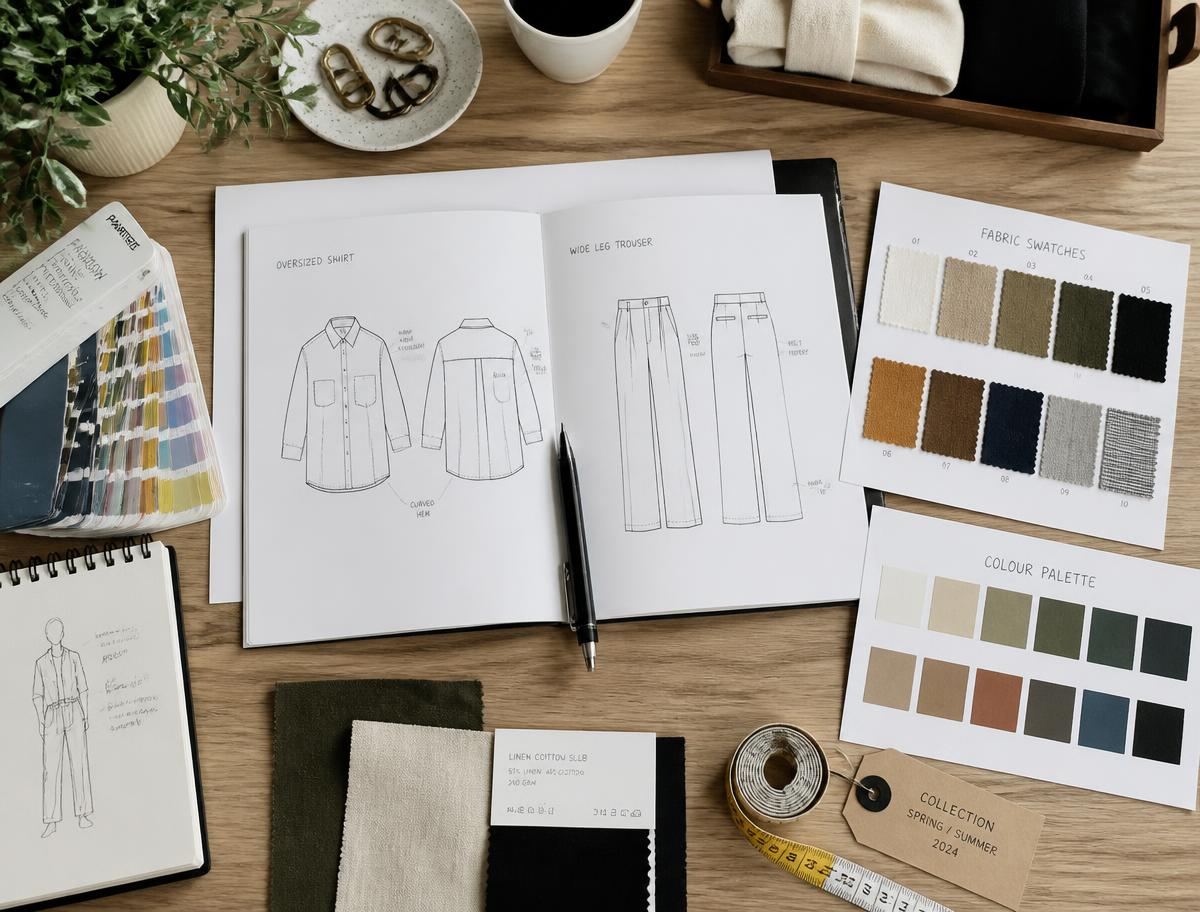 Designer's desk with technical garment sketches, fabric swatches and colour cards